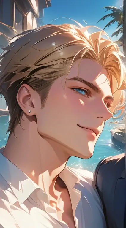 a mature man with short blond hair,     blue eyes, 31 years old, and a perfect face, smiling in love, CEO,     Cinematic Lighting , 1:4 HDR image    ,   seen from above  ,     extremely detailed ,     best quality,     masterpiece , 8k,    photorealistic  ...