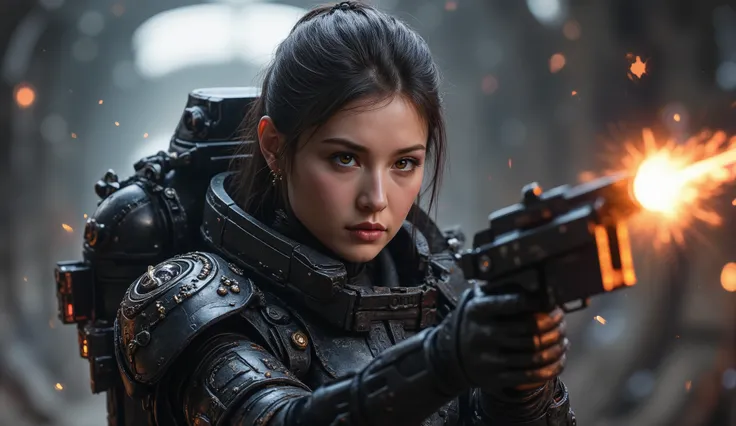 8k, UHD, Realistic, full body, Beautiful, captivating, female space marine from 20 and Back project, facial mixed of Kim Ji-won, highly detailed face, fiery and weary looked yet captivating, deep cleavage, depending the Kuiper Belt from Draconian, heavily ...