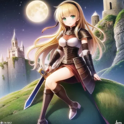 ((Ultra quality)), (( masterpiece)), ( ultra detailed ), 1 girl, (wearing armor details ), ( blond hair), ( long hair), ( green eyes ), (neckline), (Senos grandes), ( 21 years old), ( holding a sword with both hands), ( medieval night landscape ), ( with a...