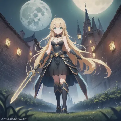 ((Ultra quality)), (( masterpiece)), ( ultra detailed ), 1 girl, (wearing armor details ), ( blond hair), ( long hair), ( green eyes ), (neckline), (Senos grandes), ( 21 years old), ( holding a sword with both hands), ( medieval night landscape ), ( with a...