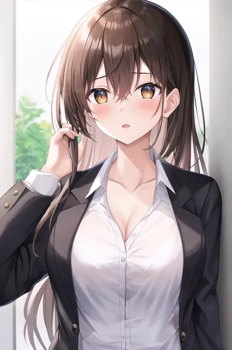 Chizuru,  1 girl in the best, Alone, length_hair,  accurately _in_viewer, , open_mouth, 前hair,  simple_background,  brown_hair,  shirt,  brown_eye, clavicle,  jacket , white_ shirt,  upper_body, parted_lips, Sparkling, Sparkling_hair, black_ jacket ,  c sw...