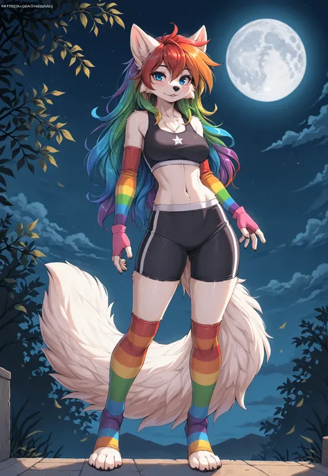 masterpiece, best quality, high quality, very aesthetic, very awa ,  anthro, solo ,female , fox, front view , white fur, white body, rainbow hair color, long thick hair, blue eyes, black pants, black shorts, ((glowing gloves), (rainbow sleeves gloves), (fi...