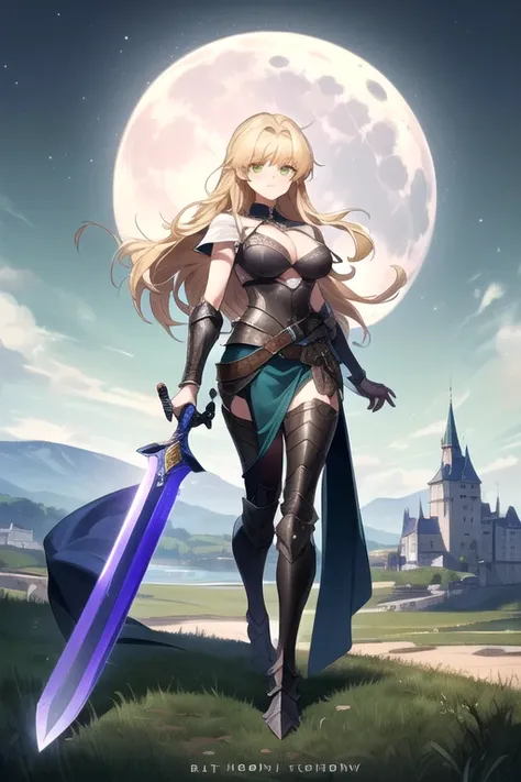 ((Ultra quality)), (( masterpiece)), ( ultra detailed ), 1 girl, (wearing armor details ), ( blond hair), ( long hair), ( green eyes ), (neckline), ( big breasts), ( 21 years old), ( holding a sword with both hands), ( medieval night landscape ), ( with a ...