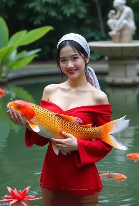 A Korean woman, memakai hijab pasmina putih highlighted with gray, headband, partially tied back, stands gracefully in a shallow pool of water. Wearing a one off-shoulder (red), accentuating her silhouette, while cradling a large, beautiful koi fish with s...