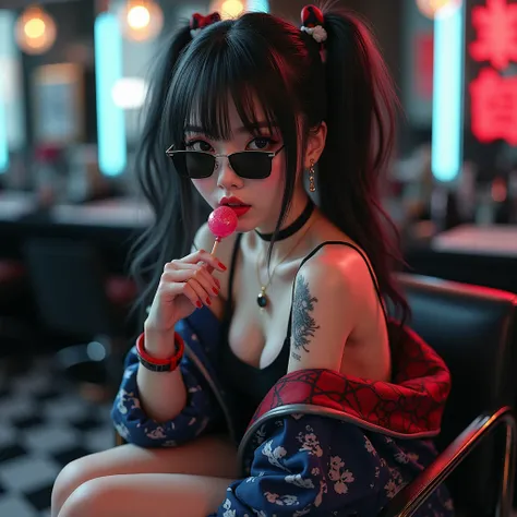 Create realistic 3D photos.long haired japanese girl black color mixed white thin red light thin, hair model in a tie back, shiny sunglasses,Lip bites the lollipop and his hand holds the candy, thin open mouth, red lips, wears a black watch , bracelet , An...