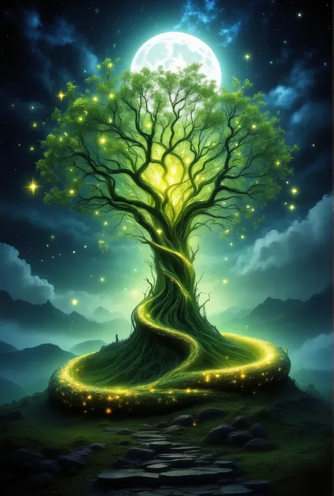 fantasy style, beautifully a huge tree with magical patterns , petals radiate beautiful light in the night , this tree is surrounded by a huge snake beautiful two-tone green and yellow with diamonds, moonlit night stars sparkle , mystical fog envelops...