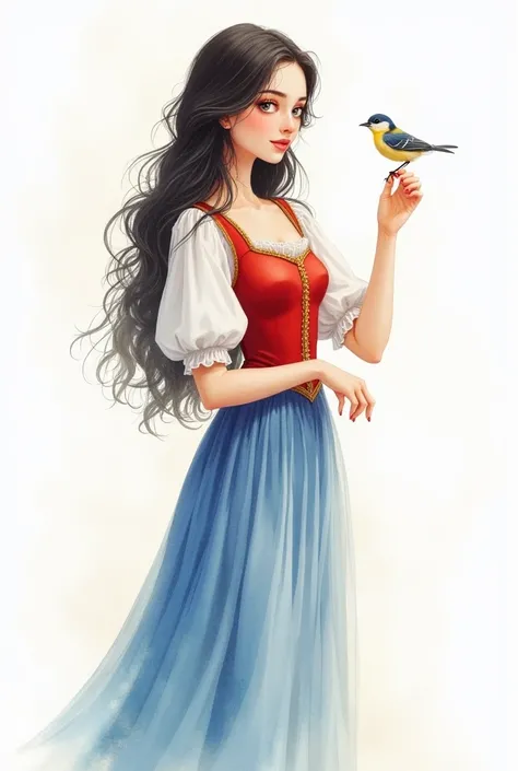 Create Full Body Illustration, in watercolor,  of a beautiful girl with physical features of the character Snow White, wearing clothes in the model and colors of the character , holding a little bird perched on the finger of the hand , with white backgroun...