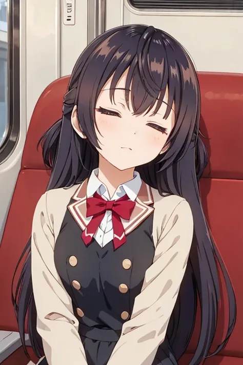  best quality,  in ultra high quality, 8k,  upper body,  cute,  from the front, anime,  high resolution eyes,  beautiful girl, Yuki Suo, Unprecedented,  long hair,  illustration of a train,  is sleeping,  close eyes, Sleep, Lean back on your seat, 