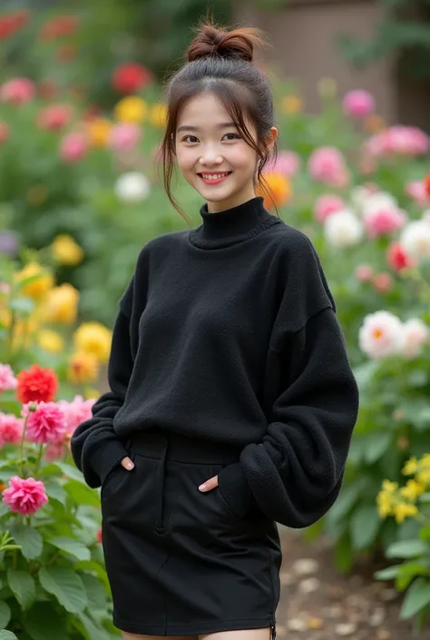 A beautiful young asian woman wears a black sweater , rok mini jeans, over size body, bun hairstyles, smiling at the camera. flower garden background  