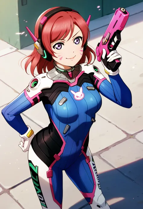 (Masterpiece, Best Quality, High Quality),anime style, love live,nishikino maki,red hair, purple eyes, d.va (overwatch) cosplay,  1girl, medium hair, street, detailed face, cowboy should, relaxed pose, holding gun, smile