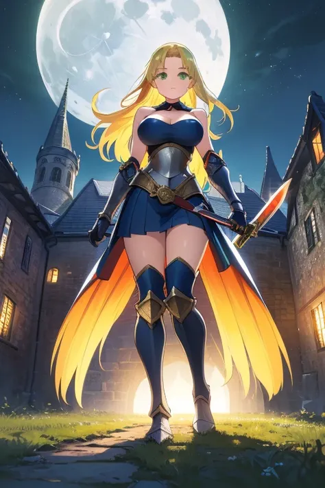 ((Ultra quality)), (( masterpiece)), ( ultra detailed ), 1 girl, (wearing armor details ), ( blond hair), ( long hair), ( green eyes ), (neckline), ( big breasts), ( 21 years old), ( holding a sword with both hands), ( medieval night landscape ), ( with a ...