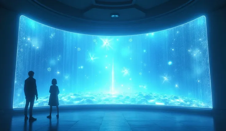 a large blue holographic screen displays nothing blank space. anime Style, High Quality 