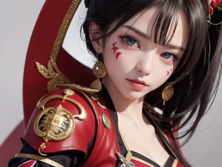 Female Samurai、"Full-body illustration,Military commander.Japan、 face paint,long hair,Red Armor、 beautiful eyes in dance、Clean face、Ephemeral yet strong、 hachimaki、Knife wound to the head、masterpiece,  best quality,  great quality ,   detailed background ,...