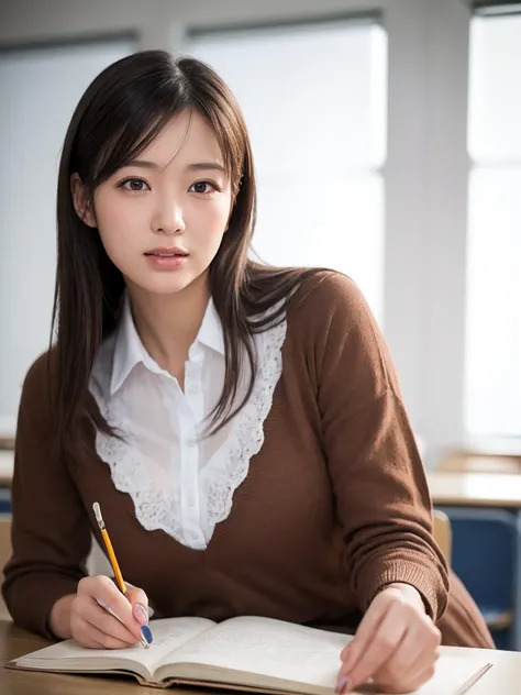 女性 teacher  , Brown clothing, 
(((masterpiece))), ((  best quality)), (( 複雑な Details)), ((  super realistic realism )), ,  mature women,   mature women,   see through,    high definition  , illustration, 1人の mature women,    perfect hands,   Details,  美しい ...