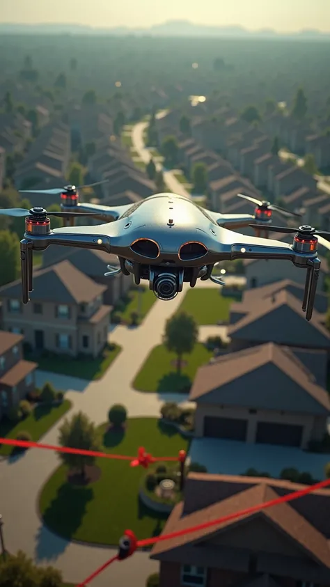 "A futuristic drone hovering in a suburban area, with red tape and warning signs in the background, symbolizing legal and technical challenges."