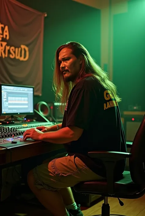 Cinematic iconic portraits, Chubby guy very long straight hair , wears a black t-shirt with text "GRANDONG" uppercase yellow color,  knee length cargo shorts, While arranging songs in front of a Mixer sound control as the music operator in the studio there...