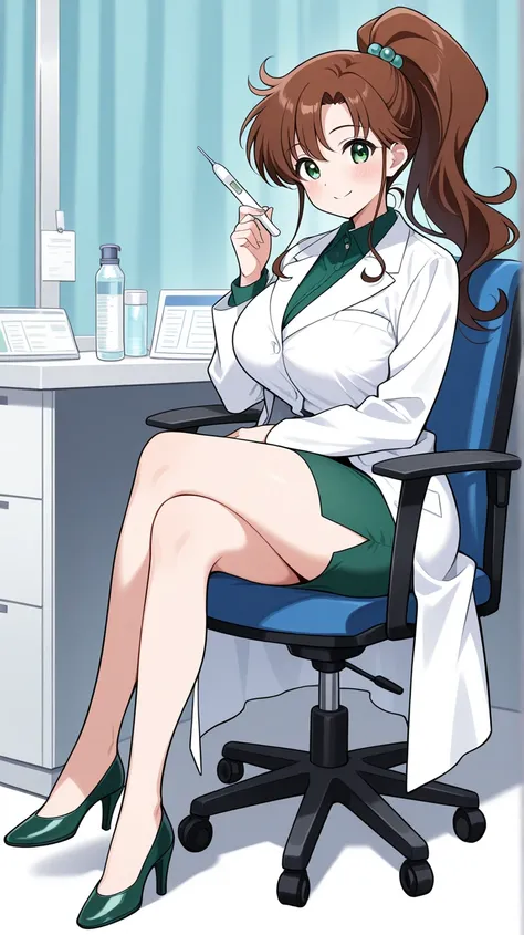 obra maestra, mejor calidad, 1 girl, Kino Makoto, solo, LONg hair, blush face, Brown hair, green eyes, ponytail hairstyle, LARGE boobs, DOctor outfit, THERMOMETER, HOSPITAl background, looking at viewer, SMILE, GREEN SKiRt, WHITE COAT, FULL BODY, SITTING O...