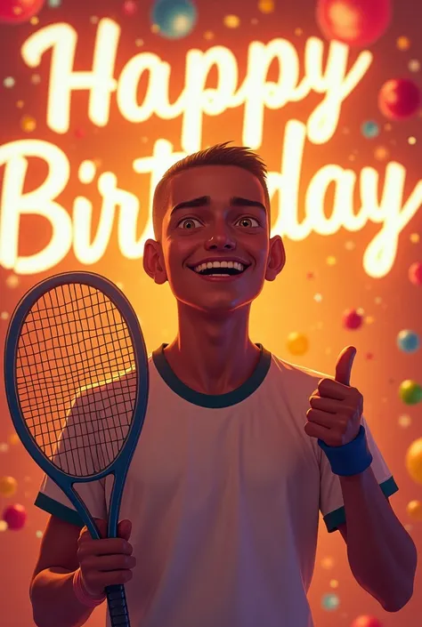 Make an image of a gay boy,  moreno,  smiling,  shaved hair , holding a tennis racket and with a happy birthday message 