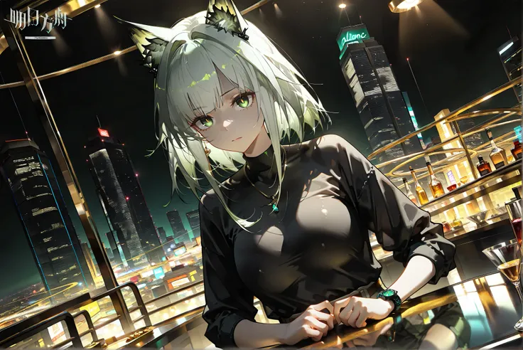 female,(((alone)))((kal'tsit))kal'tsit_\( arknights\), kal'tsit_\(arknights\), greenish gray hair 。 medium hair。(( green eyes))。((((golden pupils )))), necklace。first round。 black shirt。( beautiful eyes:1.5), Serious Expression , angle from above by the wa...