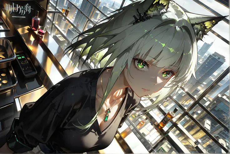 female,(((alone)))((kal'tsit))kal'tsit_\( arknights\), kal'tsit_\(arknights\), greenish gray hair 。 medium hair。(( green eyes))。((((golden pupils )))), necklace。first round。 black shirt。( beautiful eyes:1.5), Serious Expression , angle from above by the wa...