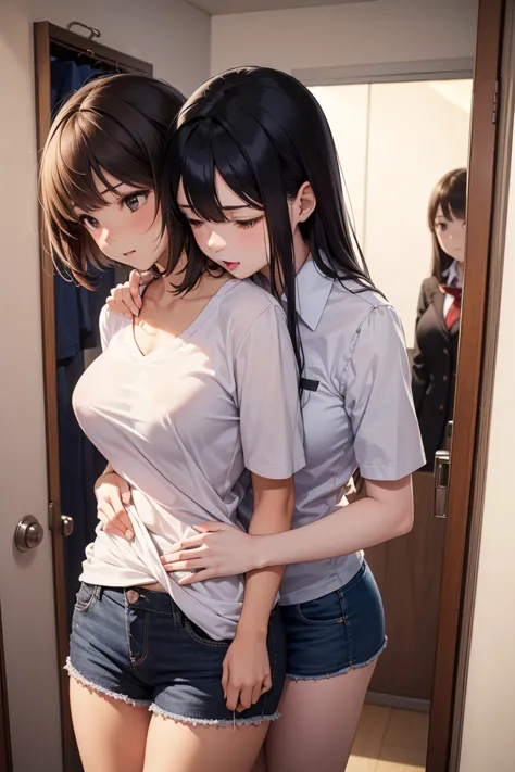 (2 women:1.5)　(( the woman on the left is tall and cool)) ((The woman on the right is short and cute))  Very Big Breasts　( swim)  close distance between high school girls　 clothes and gets her chest rubbed　 changing room with school dividers　Small changing...