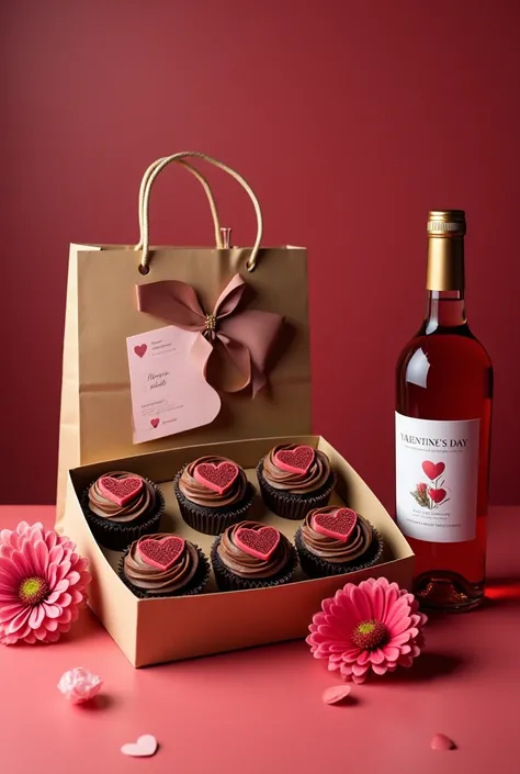 A valentines package containing a box of 6valentines chocolate cupcakes, 1 bottle of fruit wine, a valentines card, a piece of flower and a valentines paper bag for packaging.