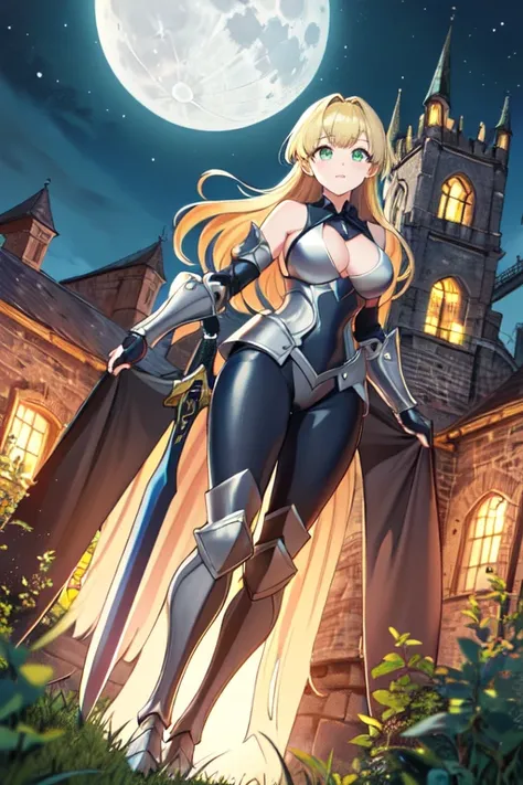 ((Ultra quality)), (( masterpiece)), ( ultra detailed ), 1 girl, (wearing armor details ), ( blond hair), ( long hair), ( green eyes ), (neckline), ( big breasts), ( 21 years old), ( holding a sword with both hands), ( medieval night landscape ), ( with a ...