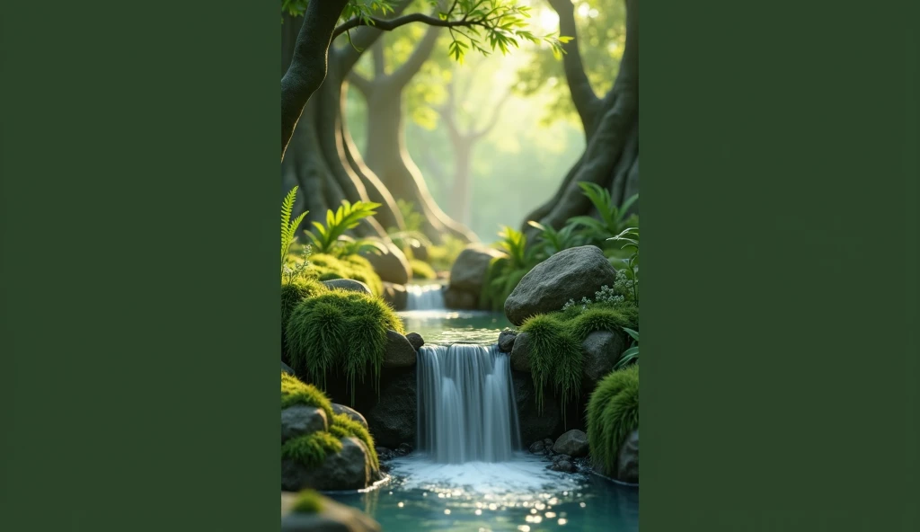 Mini waterfall, trees, sunny, green, cool, statis camera, seamless looping motion