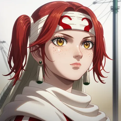 score_9, score_8_up, score_7_up, intricate details, 1girl, solo, cowl headband (((nena,1girl,solo,yellow eyes,red hair,two side up,(freckles),earrings))),
