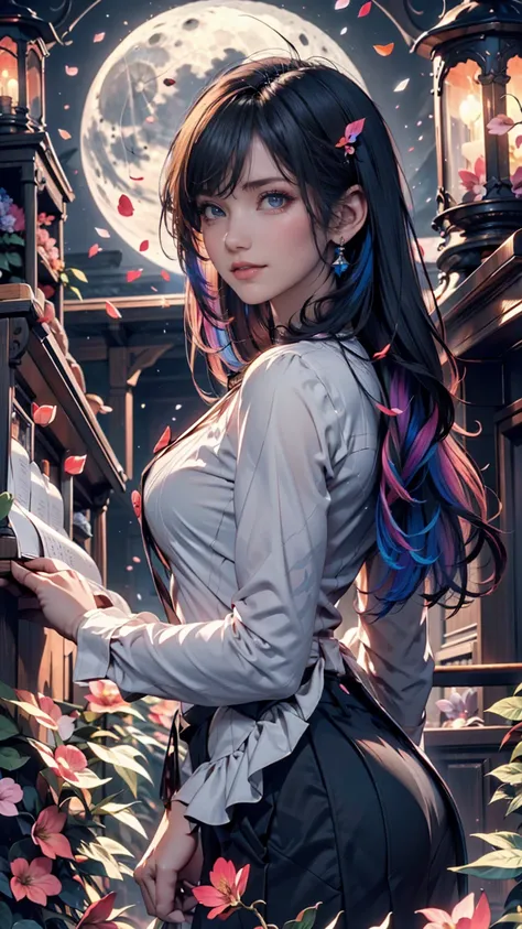 masterpiece,  best quality,,  1 girl in the best, (Rainbow hair colour),( beautiful eyes and exquisite face with great attention to detail),cinematic lighting,Bust, Extremely High Definition CG Unity 8k Wallpaper ,Gray Hair,Alone,smile, Intricate Skirts ,(...