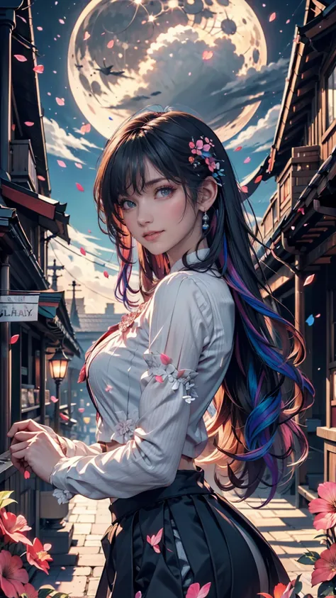 masterpiece,  best quality,,  1 girl in the best, (Rainbow hair colour),( beautiful eyes and exquisite face with great attention to detail),cinematic lighting,Bust, Extremely High Definition CG Unity 8k Wallpaper ,Gray Hair,Alone,smile, Intricate Skirts ,(...