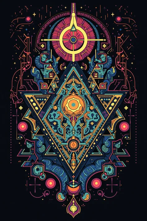 T-shirt design with geometric pattern reminiscent of space, mankind and beasts, psyche-last style, top quality image.