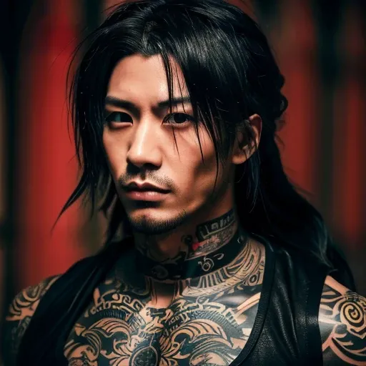 1 man, Japanese man, male, Asian eyes, muscular, broad shoulders, yakuza tattoos, hairstyle Visual Kei style, hair Visual Kei, black men's shirt and black pants, ultra detailed face and eyes, hyperrealistic, realistic representation, long hair, long hair, ...