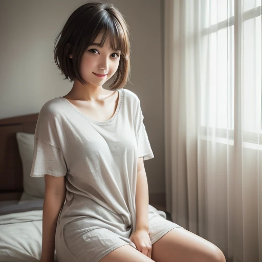  best quality,  focus on face , Soft light, ( allow depth of field) , super high resolution, ( photorealistic:1.4),  RAW photo, ( Moody Lighting ,   knight :1.2), bedroom,
(Upper thigh:1.4)
 a Japanese girl , Alone,  cute, Cute, (shy, smile:1.1), ( brown e...