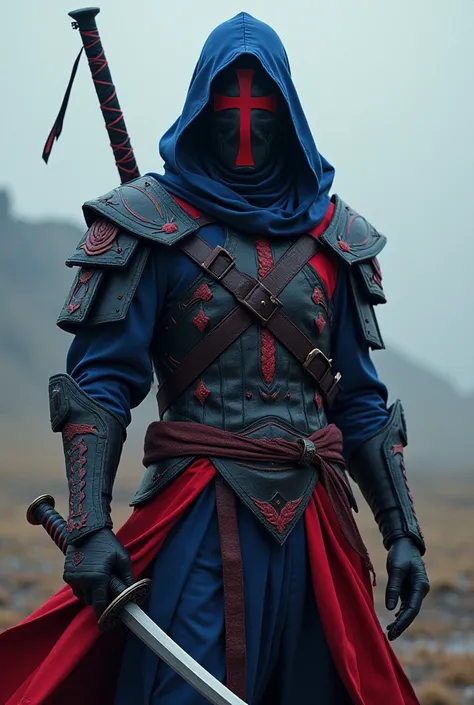 A mysterious wonderer with dark blue and red armor and mask with red cross and a black and red katana 