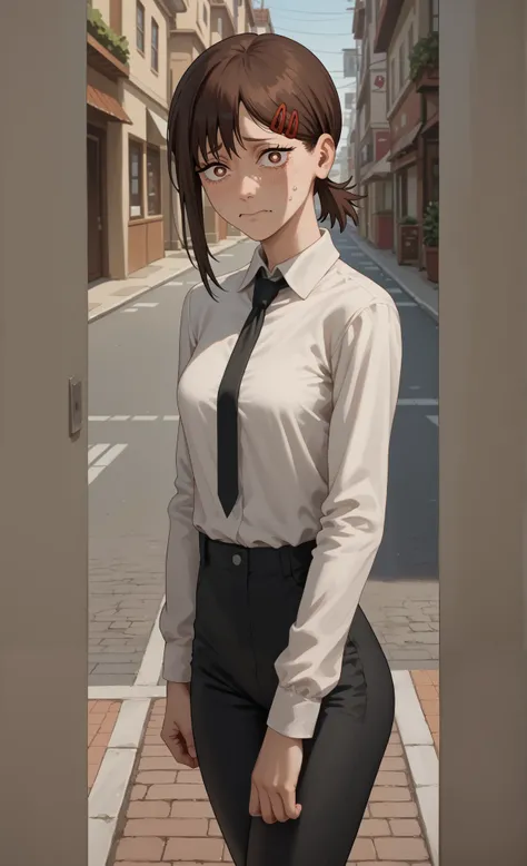 ((kobeni higashiyama)), ((chainsaw man)), ((masterpiece)), ((high resolution)), ((solo portrait)), {(attractive figure), (slim body), (face moles), (short brown hair), (cute brown eyes), (small white pupils), (nervous look)}, {(white button-up shirt), (bla...
