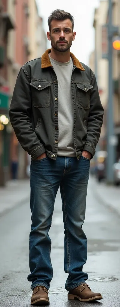 A  guy, a passerby, dressed in clothes from 2014-2015, standing at full height,Dressed in work boots and jeans