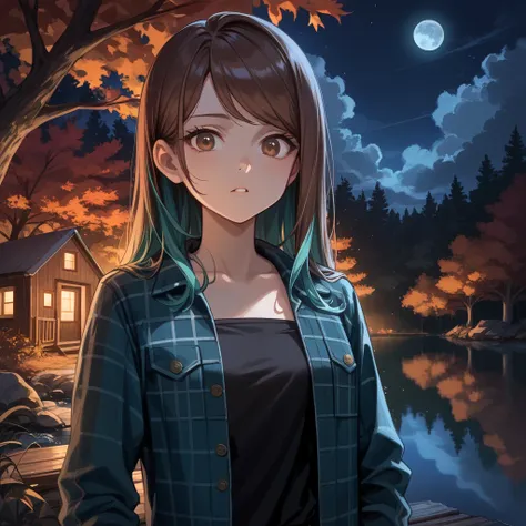  (Masterpiece, best quality), intricate details, JK, , upper body, holding flashlight, close up, worried expression, brown eyes, very long brown hair with teal highlights, strapless black top under flannel jacket,jeans, ((long swept bangs)), woods, lake, t...