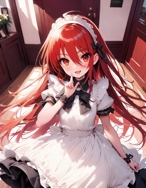 shana ,Alone, long hair, Red Hair,  red eyes, stupid hair,smile,blush, open their mouths,Maid服,rib tights ,  black pantyhose ,  pin heels,black色ロングスカート,Maid head dress , Maid apron, Maid Dress,Maid, Maid outfit,black_ dress ,Holding a stack of papers in bo...