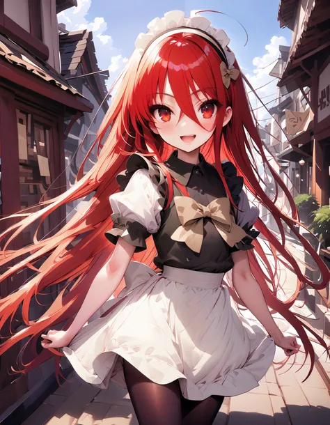 shana ,Alone, long hair, Red Hair, red eyes, stupid hair,smile,blush, open their mouths,Maid服,rib tights , black pantyhose , pin heels,black色ロングスカート,Maid head dress , Maid apron, Maid Dress,Maid, Maid outfit,black_ dress ,Holding a stack of papers in bo...