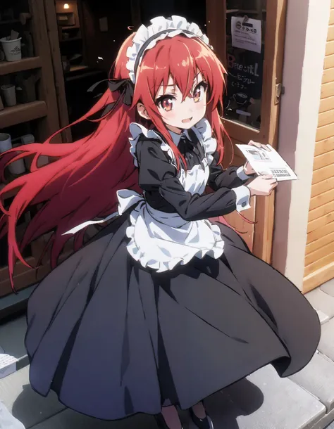 shana , long hair, Red Hair,  red eyes, stupid hair,smile,blush, open their mouths,Maid服,rib tights ,  black pantyhose ,  pin heels,black色ロングスカート,Maid head dress , Maid apron, Maid Dress,Maid, Maid outfit,black_ dress , hair shaking in the wind , long skir...