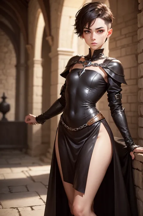 An androgynous female noble woman. Fantasy setting. Very short hair. Short manly haircut. Dark-brown hair with a undercut. Very pale skin with freckles. Round soft face. Round soft chin. Round soft cheeks. Curved lips. Small wide nose. Dark brown eyes. Upt...