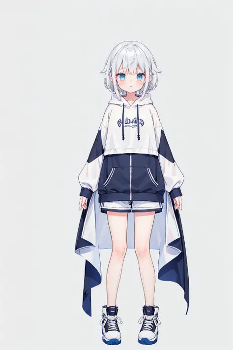 from front, full body, grey background, simple background, 1girl, , white hair, blue eyes, hoodie, short pants, virtual youtuber, 8K, beautiful detailed eyes,