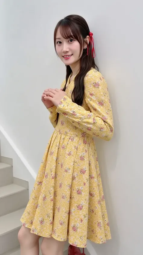 nsfw、 Clear Eyes、8k、 best image quality、masterpiece、 perfect human body、( See uniforms :1.2), (The yellow floral dress has a fitted body:1.4), ((Fasten the button, Not loose):1.5), (( Long Sleeve,  sleeves that go past the wrist):1.2), (  full body image
:...