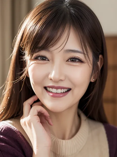 photorealistic,best quality,ultra detailed,hioghres,face closeup shot of japanese mature woman in living room,long hair,eyeliner,eyeshadows,blush,dark plum lips,beige sweater,stylish portrait pose,laughing