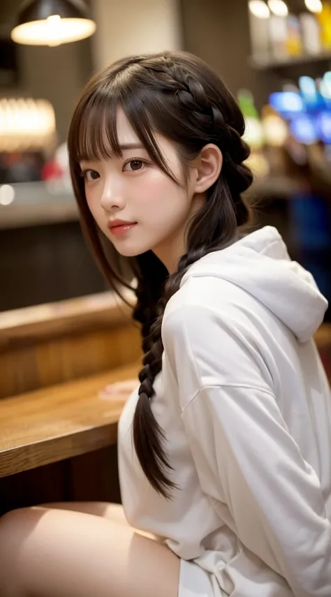   beautiful girl, Very clean and detailed face,   laugh shyly, Deep Valley), 、(彼女は  medium chestをしている、  White Oversized Hoodie、、.denim hot pants、 The viewer looks sideways  、:1.3), (  medium chest.), (Tight clothing),   Her hair is braided  , (  beautiful ...