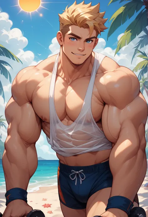  A Hot Furry, hot furry men, sun beach, big muscle, handsome spikey hair, Cute appearance, sexy pose, working out, Hot wolf guy, Anime, cool.