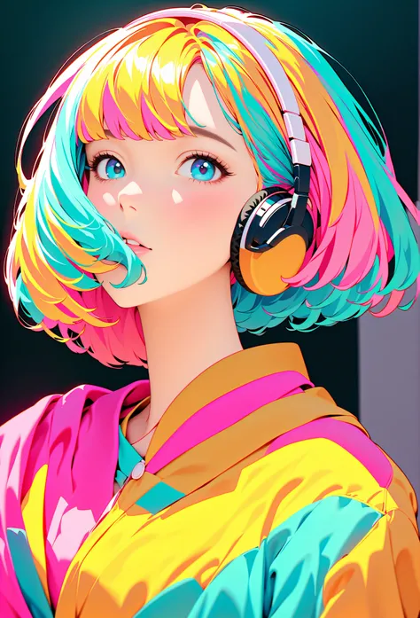 (Highest quality:1.2, City Pop Style, Very detailed, Latest, Vibrant, High Contrast, masterpiece:1.2, Highest quality, Best aesthetics), girl, ((Face Up Shot:1.4)), Colorful Hair, Bobcut, pastel colour, 1980s style, ((Retro, Vintage, Plain background))　Hea...