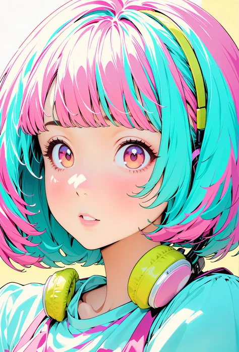 (Highest quality:1.2, City Pop Style, Very detailed, Latest, Vibrant, High Contrast, masterpiece:1.2, Highest quality, Best aesthetics), girl, ((Face Up Shot:1.4)), Colorful Hair, Bobcut, pastel colour, 1980s style, ((Retro, Vintage, Plain background))　Hea...