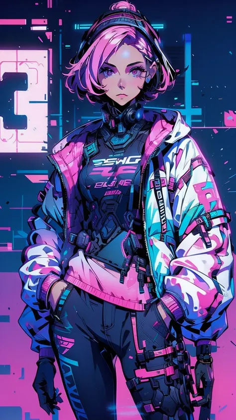 programmer girl, pink hair, blue ombre, cute face, short hair, high definition, master peace, sexy, jacket